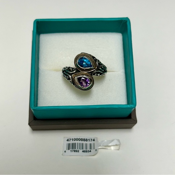 EFFY 18K Gold & Sterling Silver Natural Amethyst Blue Topaz Bypass Ring Size 7 - Picture 2 of 5
